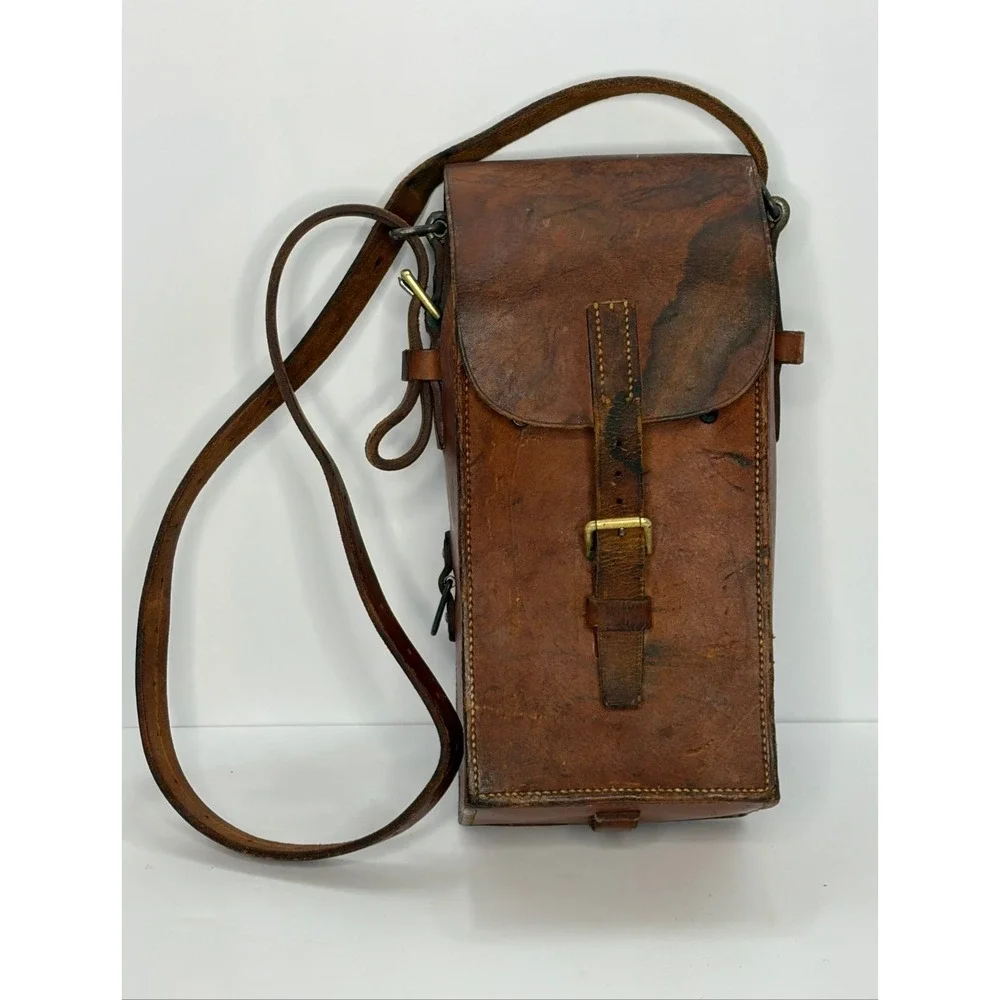 Vintage Brown Leather Military Field Bag Messenger Crossbody Buckle Strap